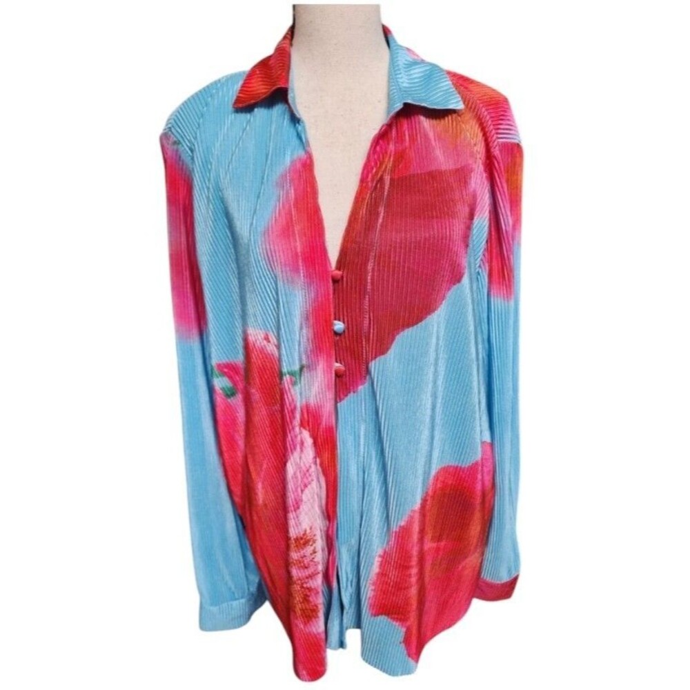 Intempo Plisse Print Button Front Top Size Large Abstract Watercolor